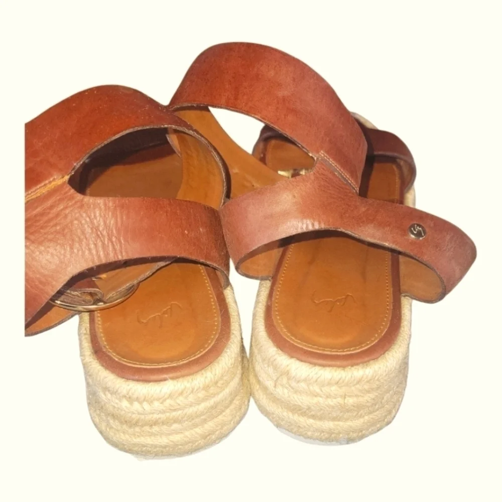 Valez Women's Brown Leather Adjustable Ankle Buckle Wedge Espradrille Sandals